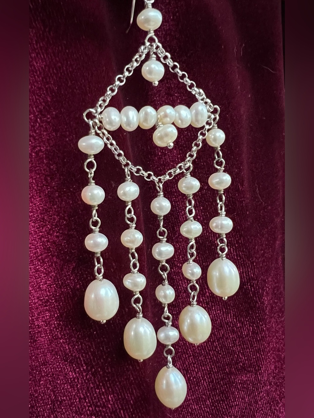 Vintage WW 925 Sterling Genuine Pearl Chandelier Bridal Statement Earrings 15g - Picture 2 of 7